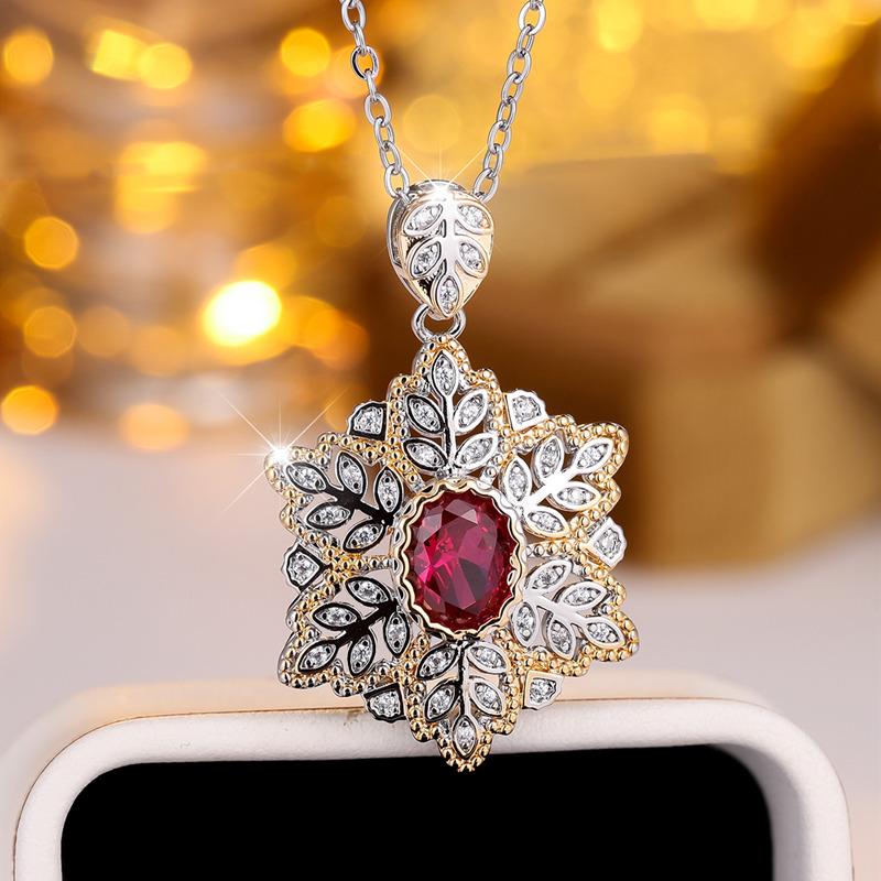 Винтажное ожерелье с подвеской в виде цветка золотистого серебряного цвета для женщин в дворцовом стиле с овальной огранкой из красного циркония, свадебное вечернее или банкетное, подарок