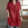 Breathable Linen Tunic for Women Burgundy Short Sleeve V-Neck Half Button Casual Loose