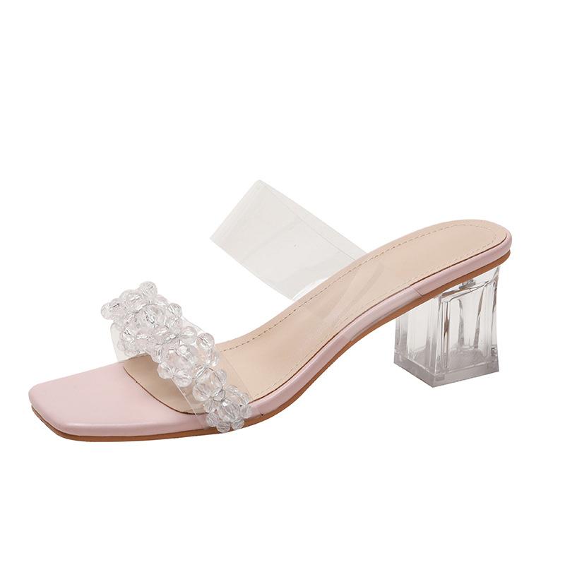Модные прозрачные ПВХ сандалии женские на высоком блочном каблуке шлепанцы туфли женские прозрачные на каблуке шлепанцы с двойным ремешком шлепанцы хрустальные сандалии