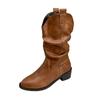 Fashion Women Brown Pointy Mid Calf Knee Boots Autumn Winter Vintage Chunky Heeled Cowboy Boots Woman Loose Tube Pleated Western Booties