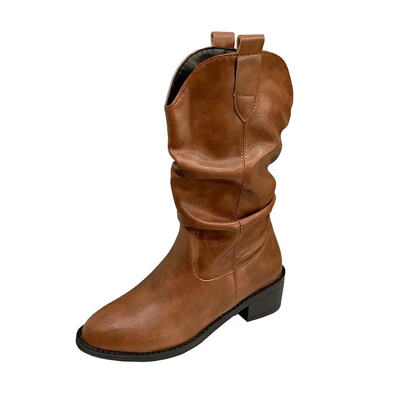 Fashion Women Brown Pointy Mid Calf Knee Boots Autumn Winter Vintage Chunky Heeled Cowboy Boots Woman Loose Tube Pleated Western Booties