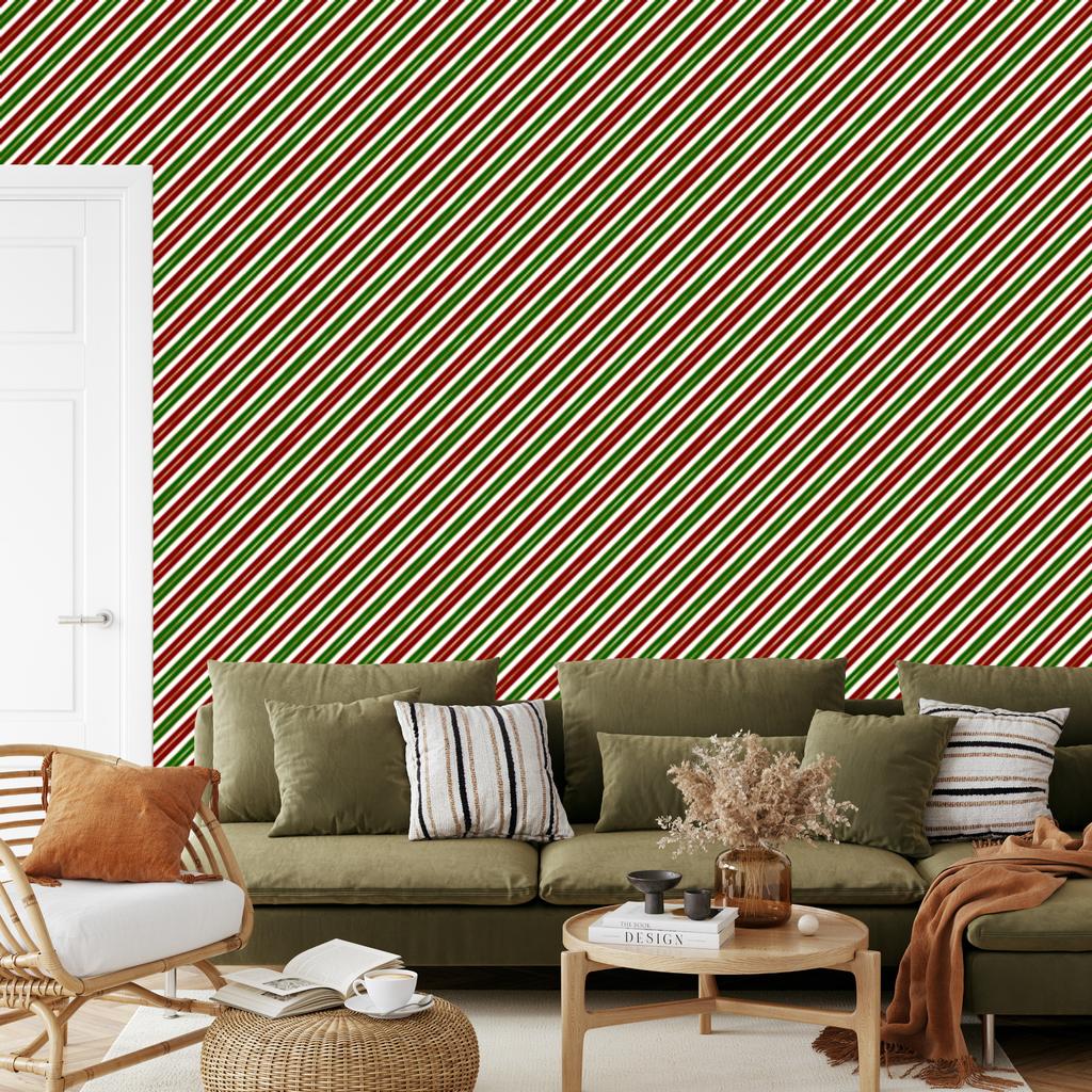 Christmas Stripes Wallpaper Red, Green, Beige and Lime 50x1000