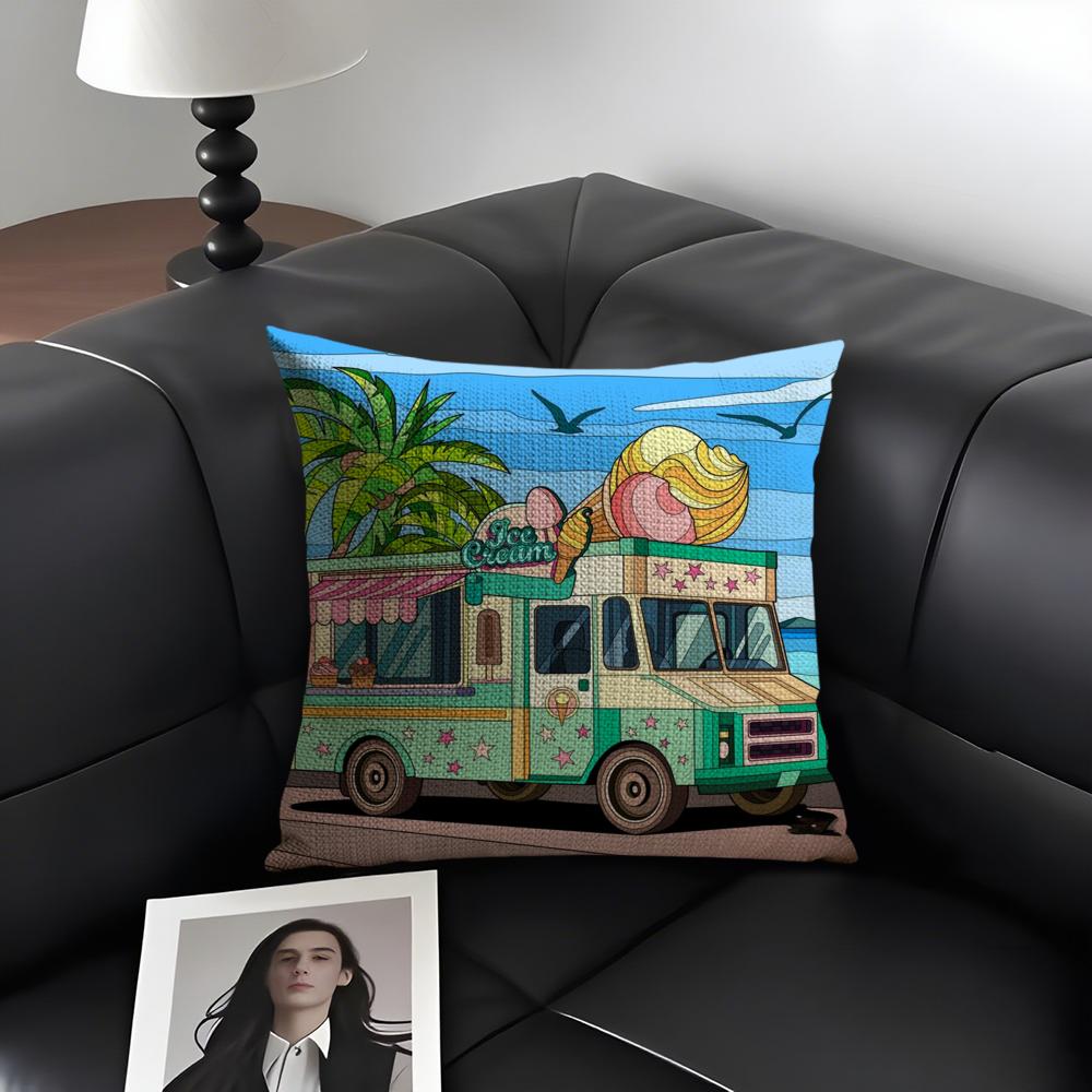 Happy Camper Cartoon House Cushion Cover Natural Linen Organic Fabric DoubleSided Printing Sofa Home Decor Gift Pillow Case