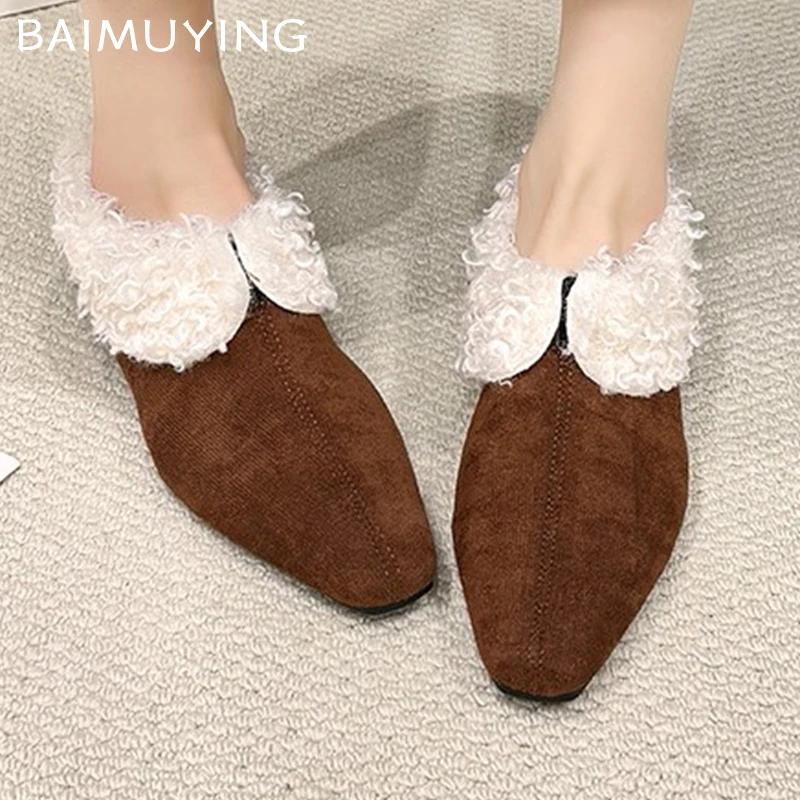 Меховые женские тапочки из хлопка с квадратным носком, замшевые туфли на низком каблуке, туфли-мюли, осенние туфли с открытой пяткой, женская мода 2025 года, трендовая мода Mujer Zapatos