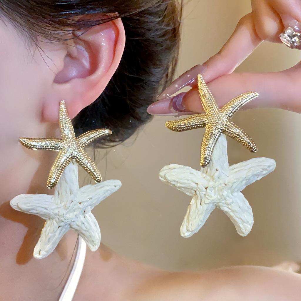 Silver Needle Raffia Star Stud Earrings Seaside Vacation Style
