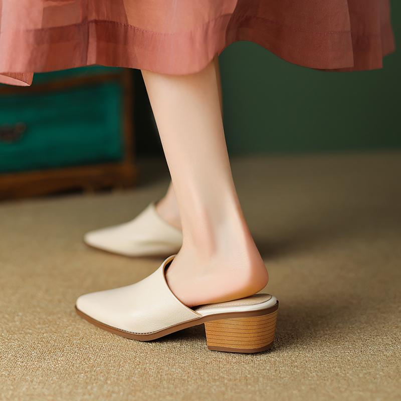 2024 Новые лаконичные женские туфли-лодочки весна-лето офисные повседневные мюли из натуральной кожи с острым носком на толстом каблуке тапочки женские