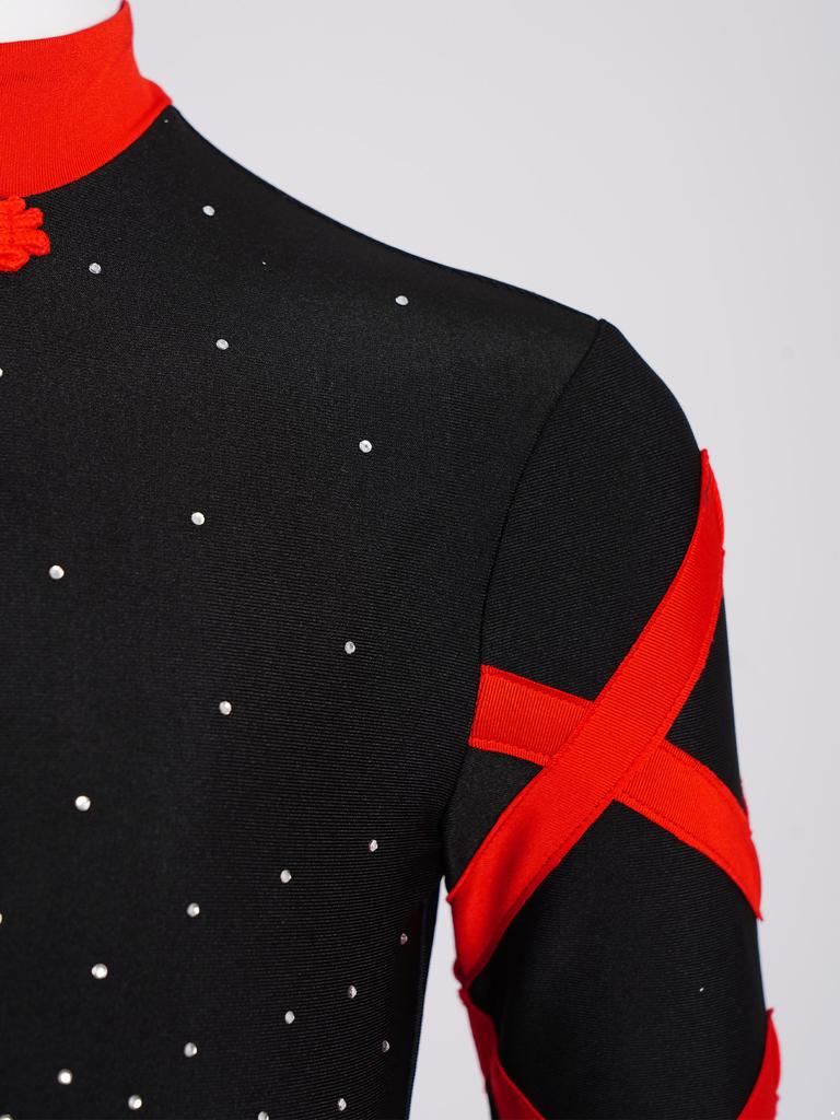 Девочки Китайский Стиль Гимнастический Купальник Узел Пуговица Воротник Мандарин Длинный Рукав Стразы Цветной Блок Поясной Боди