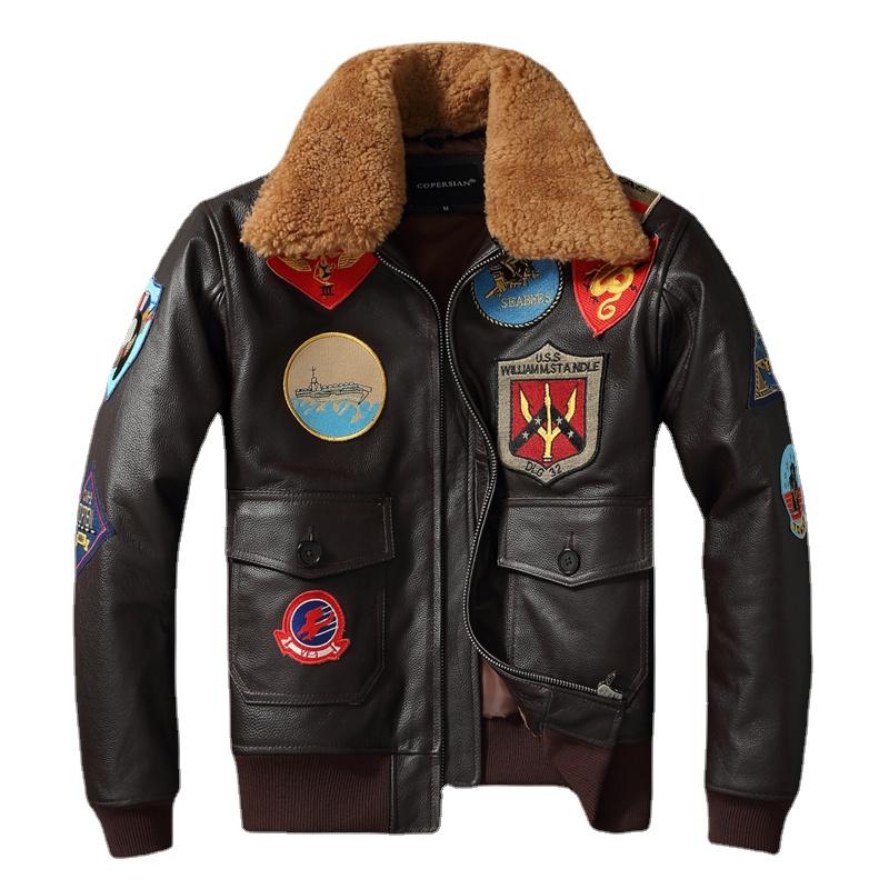 Топ G1 из натуральной воловьей кожи, мужская кожаная куртка со съемным меховым воротником, летный костюм, куртки для мужчин, военное пальто-авиатор, зимнее