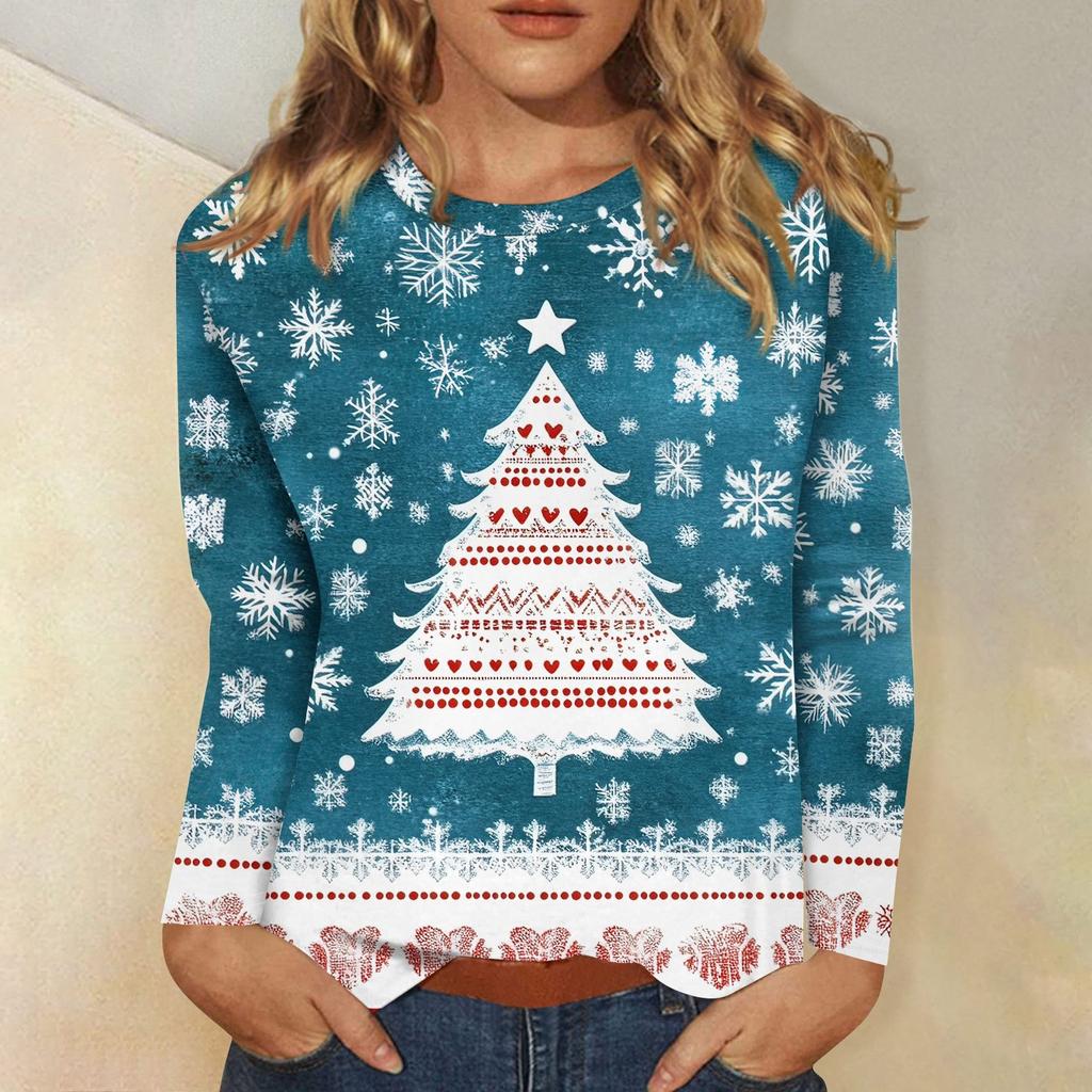 Женская мода повседневный рождественский принт круглый вырез длинный рукав пуловер топ
