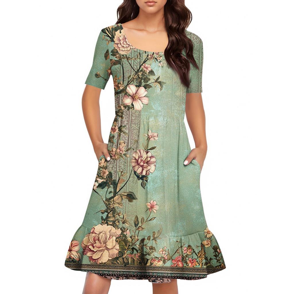 Женское повседневное платье с круглым вырезом и короткими рукавами. Платье со свободной талией и складками. Платье с складками на талии.