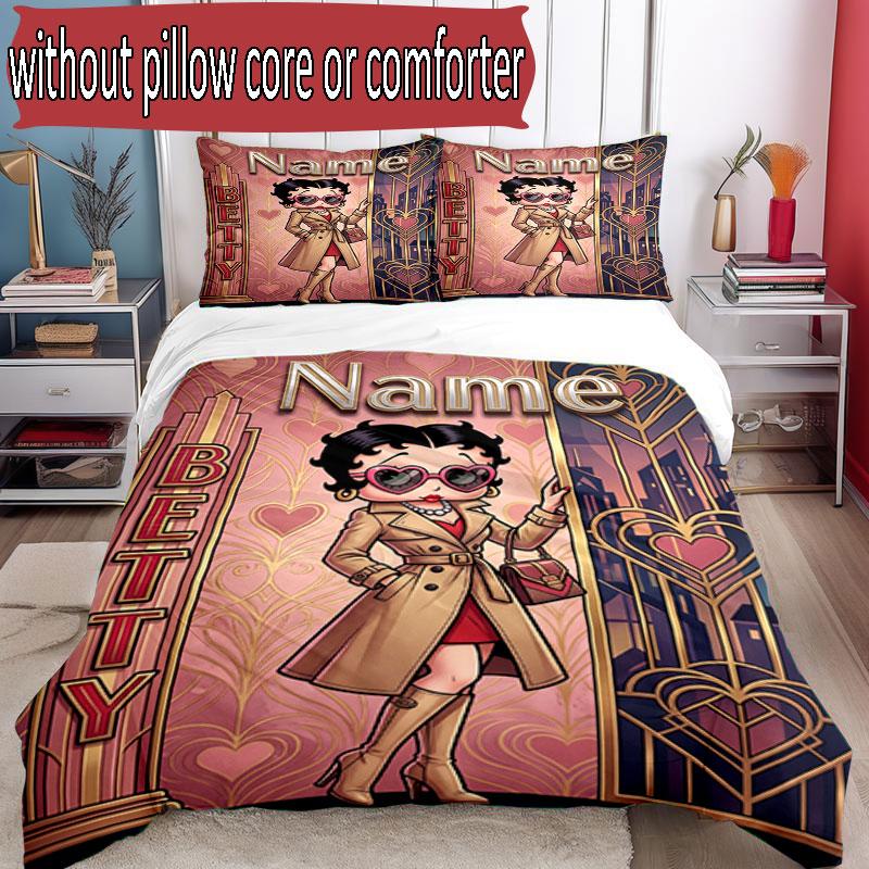 3pcs Duvet Cover Set (1*Duvet Cover + 2*Pillowcase, Without Core), Custom Name Betty Boop Pattern Bedding Set, Home Bedroom Decor Gift