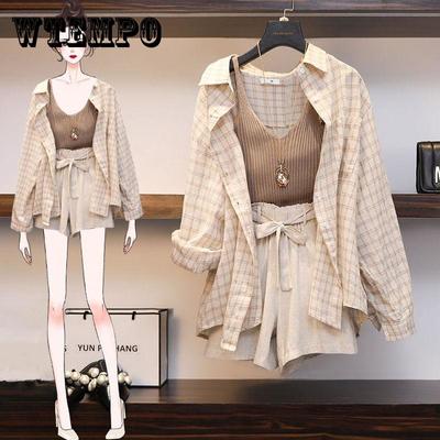 Женский летний костюм с короткими брюками, комплект с шортами больших размеров, блузка с v-образным вырезом на бретельках, клетчатая полосатая рубашка с длинными рукавами, короткие штаны, комплект из трех предметов