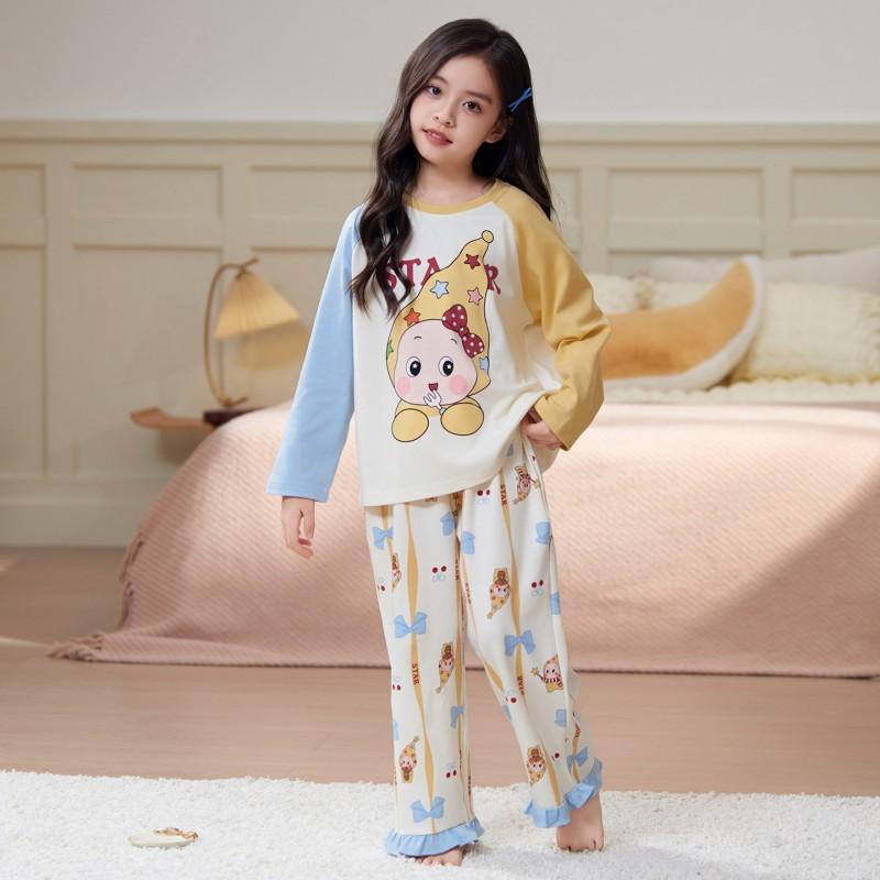 Girls Cotton Pajama Set Long Sleeve 2026 Cartoon Print Round Neck Comfortable Sleepwear Kids Ages 8