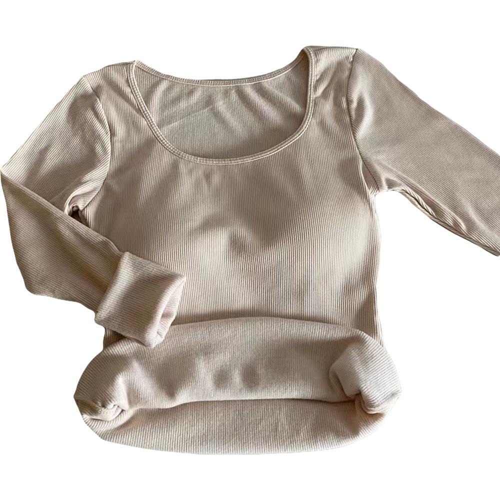 Футболка в корейском стиле облегающего кроя с квадратным вырезом из матового вельвета с нагрудными вкладышами для осени и зимы