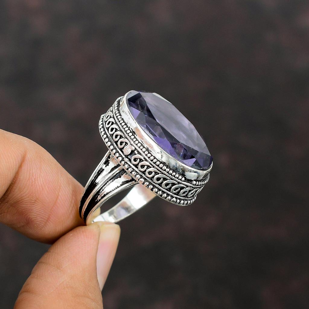 Кольцо с ограненным африканским аметистом Кольцо из стерлингового серебра 925 пробы Ручной работы Антикварное кольцо Красивое украшение с драгоценным камнем Винтажное кольцо Регулируемое
