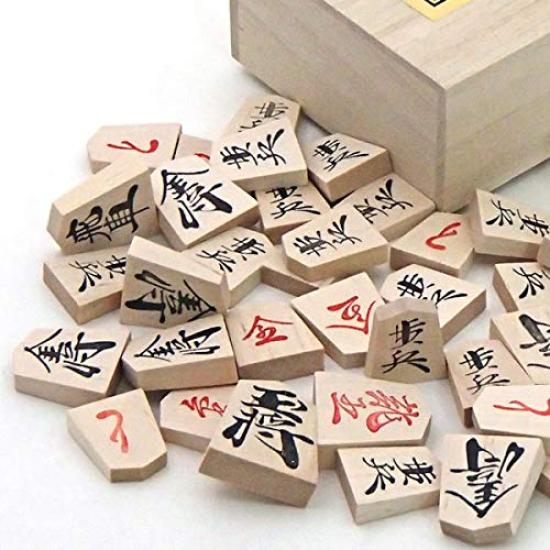 Wooden Shogi Set with 2 Original Aromatic and Brightly Colored Japanese Cypress Tabletop Joint Shogi Board and Pressed Shogi Pieces P-made Netsuke,