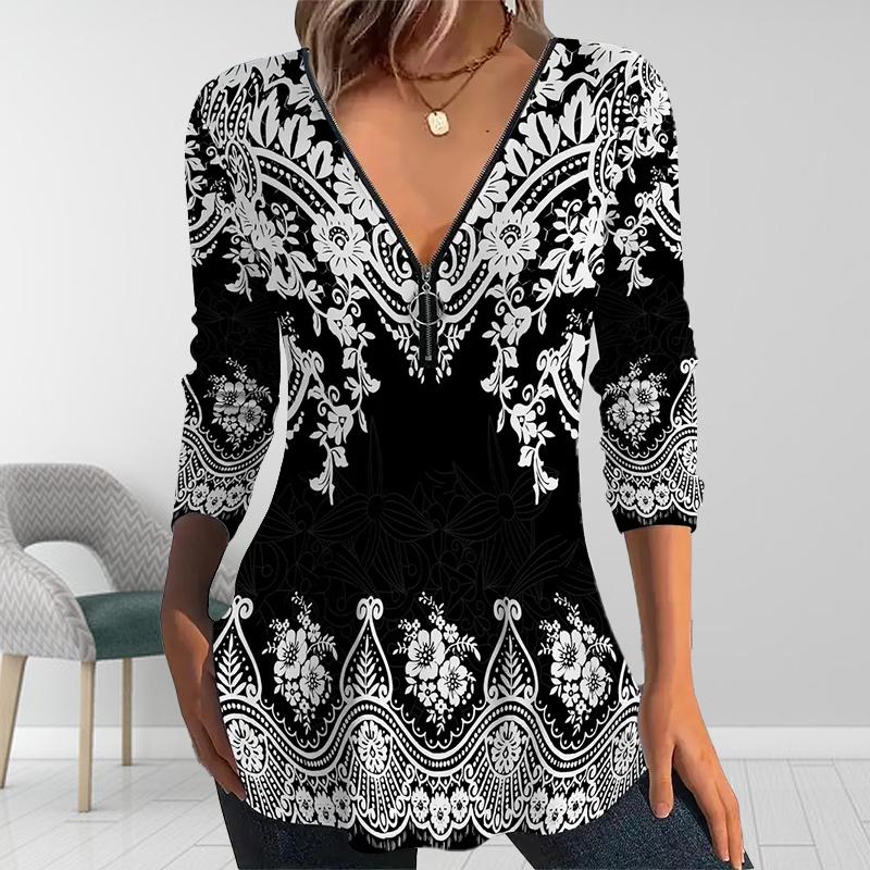 Women Autumn Complex Flowers Printed Long Sleeve T-Shirts Loose V-Neck Plus Size Tee Shirt Tops Comfy Blouse