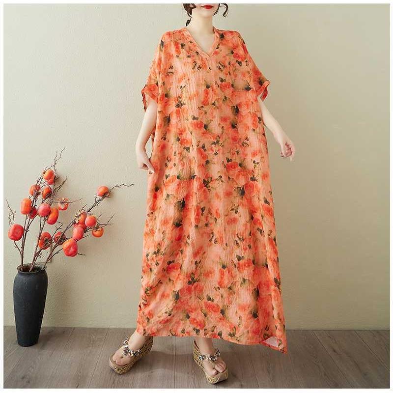 Women's Vintage Long Dress with Cotton and Linen Patterns