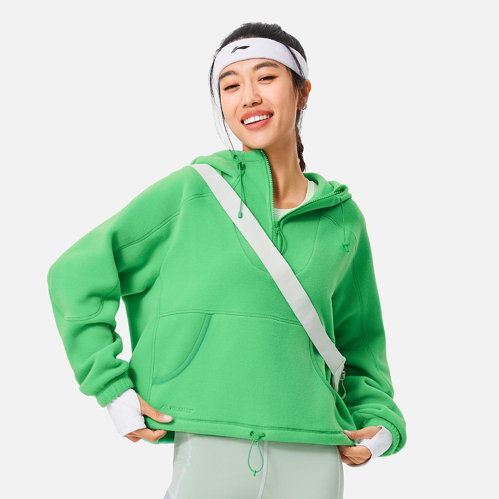 Li Ning Comfortable Casual Hooded Pullover Fleece Warm Sweatshirt Women Sweatshirt Crystal-Stone-Green AWDU554-3