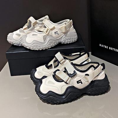 Уродливо-милые сандалии-гладиаторы на толстой подошве с сумкой на носке, женская летняя обувь 2025, новые дышащие полые спортивные папины шлепанцы