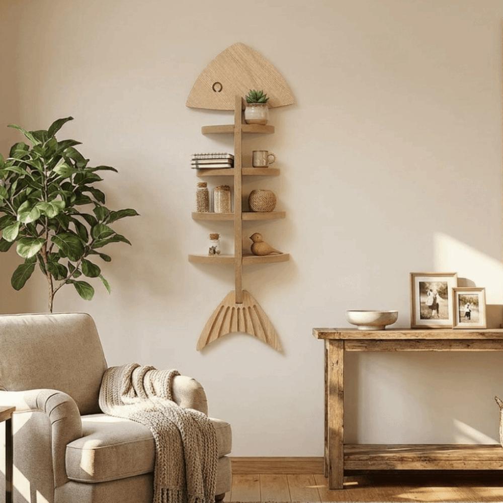 Fish Shaped Fish Bone Shelf Multi-layer Floating Shelf Wooden Wall Mounted Shelf Indoor Organizer