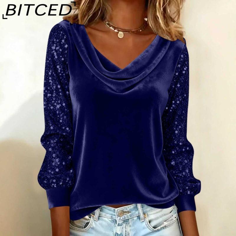 BITCED Модная женская бархатная футболка с пайетками, пэчворк, с длинным рукавом