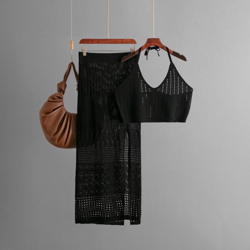 Summer Women's Short Vest Top High-waisted Thin Hollow Open-end Package Hip Half-body Skirt Two-piece Set