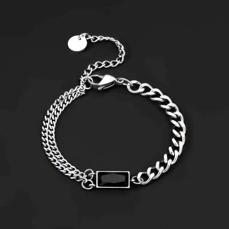 Black Zircon Square Bracelet For Man Woman Non Fading Titanium Steel Double Layer Adjustable Cuban Chain Luxury Couple Jewelry