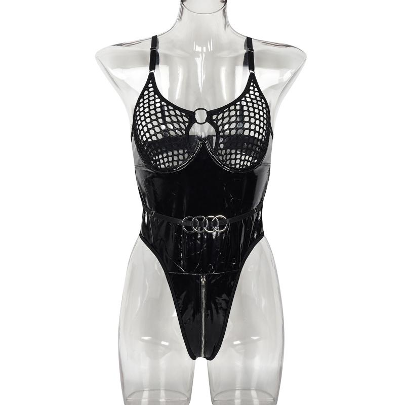 Бикини мода ажурный сексуальный сетчатый стык ткань кожаный сексуальный комбинезон
