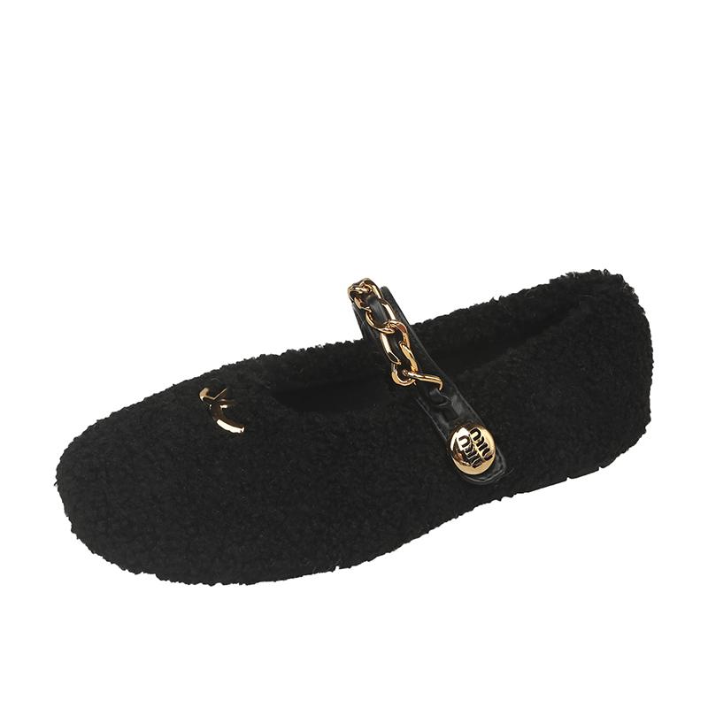 Fashion Aphixta Metal Chain Dec Slip On Flats Soft Fleeces Shoe Shallow Furry Flat With Women Loafers Slip On Warm Winter Casual Shoes