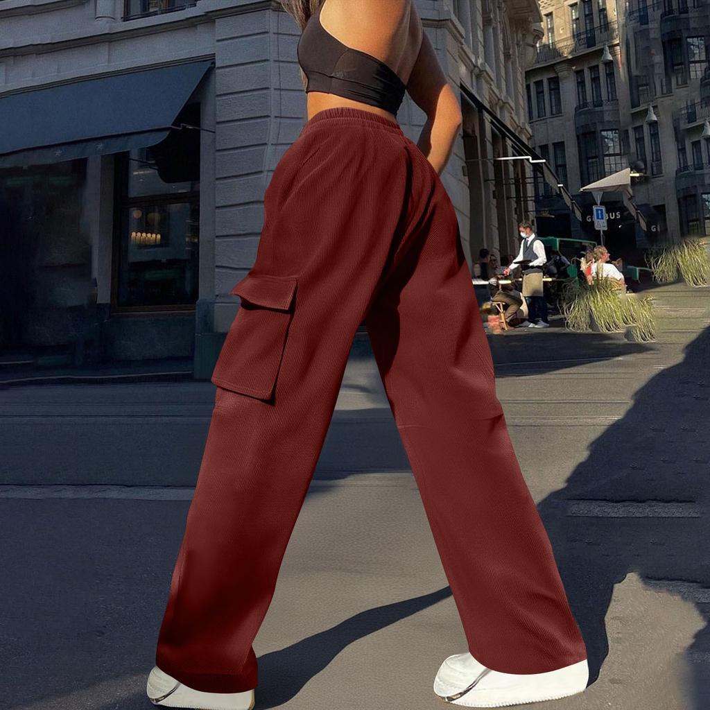 Womens Trendy Casual Streetwear Baggy Cargo Pants With Pockets Wide Leg Trousers Loose Overalls Long Pants