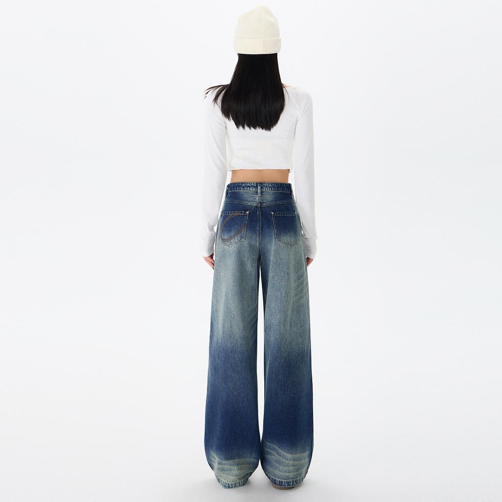 American retro gradual change washed wide leg jeans women loose autumn trend versatile floor pants women