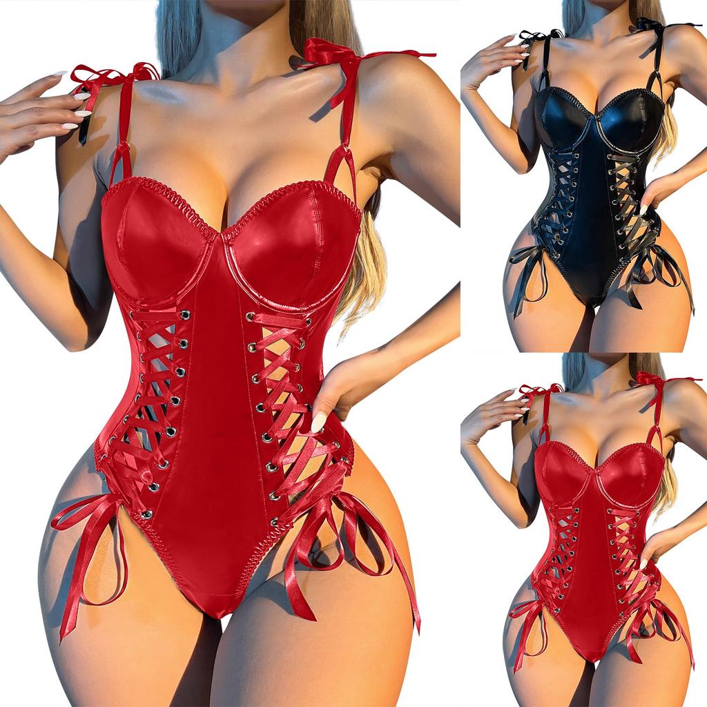 Women's Leather Hollowed Out Strap And Camisole One-piece Fun Lingerie Set