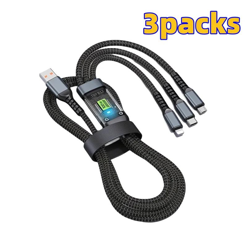 100W 3-in-1 Fast Charging Cable Intelligent Support For Ultra-Fast Charging USB, Visual Power Charging Via Multiple Interfaces