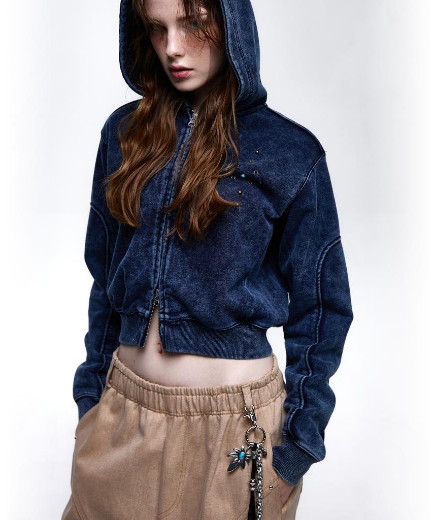 Rssc Rivet Washing Crop Hood Zipup - Denim
