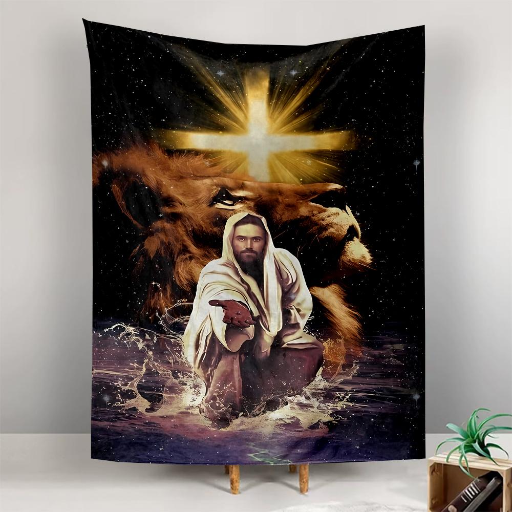 Lion Light Cross Jesus Reaching Water Religious Art Patterned tapestry for bedroom and living room home decor