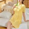 Lady Summer Dress Loose Solid Ice Silk Color Short Sleeves Round Neck Casual Clothes Homewear Pajamas Knee