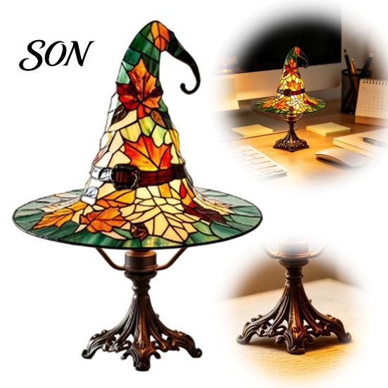 Handcrafted Resin Desk Accessory Retro Witch Hat Lamp, USB Plug-in Night Light, Stained Glass Style Table Unique Halloween Gift for