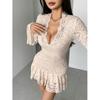 Женское мини-платье Y2k с цветочным кружевом, сексуальным глубоким V-образным вырезом, длинными рукавами и многослойным мини с оборками по подолу