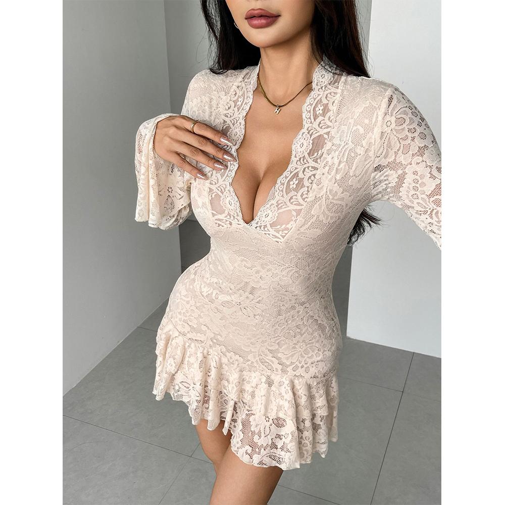 Женское мини-платье Y2k с цветочным кружевом, сексуальным глубоким V-образным вырезом, длинными рукавами и многослойным мини с оборками по подолу