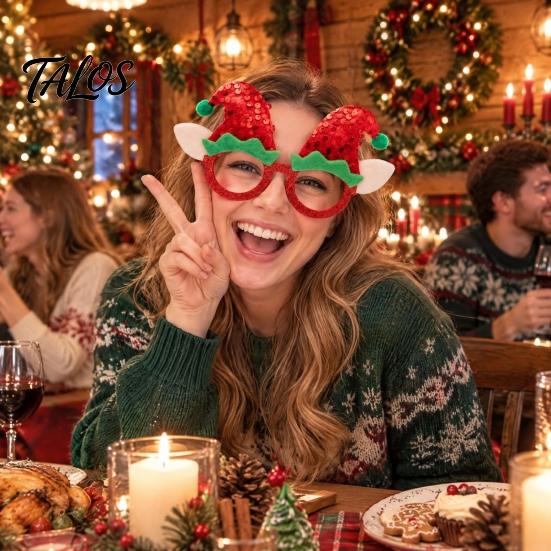 Seasonal Festive Costume Eyewear Christmas Elf Glasses with Sequin Hat & Ears, Funny Party Photo Booth Prop for Kids Adults, Holiday Felt Frame