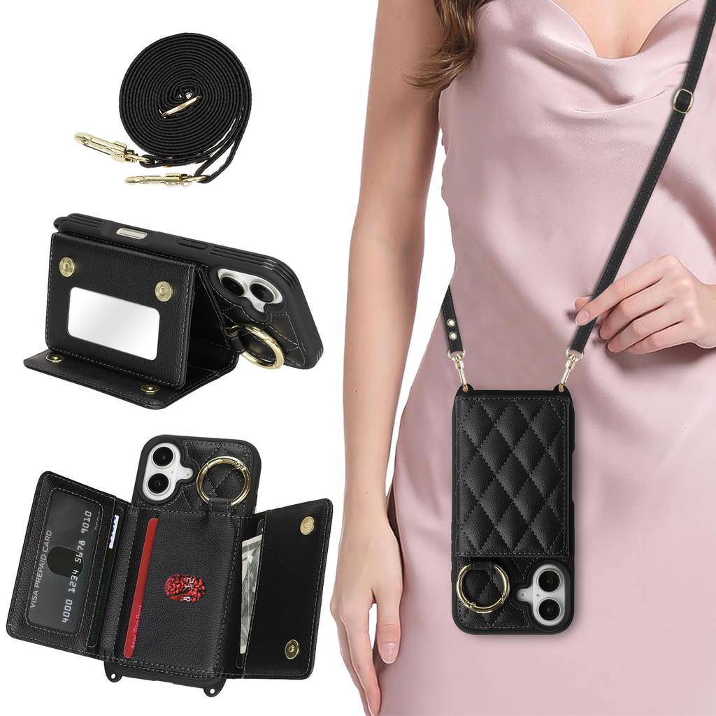 For iPhone 16 Case with Lanyard/Mirror/Card Holder Grids Pattern RFID Blocking Phone Cover