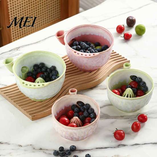 Kitchen Prep Strainer Ceramic Berry Swirl Washing Bowl, Self Spinning Fruit Colander Rotating with Drain Holes, Tool for Strawberries Grapes Cleaning