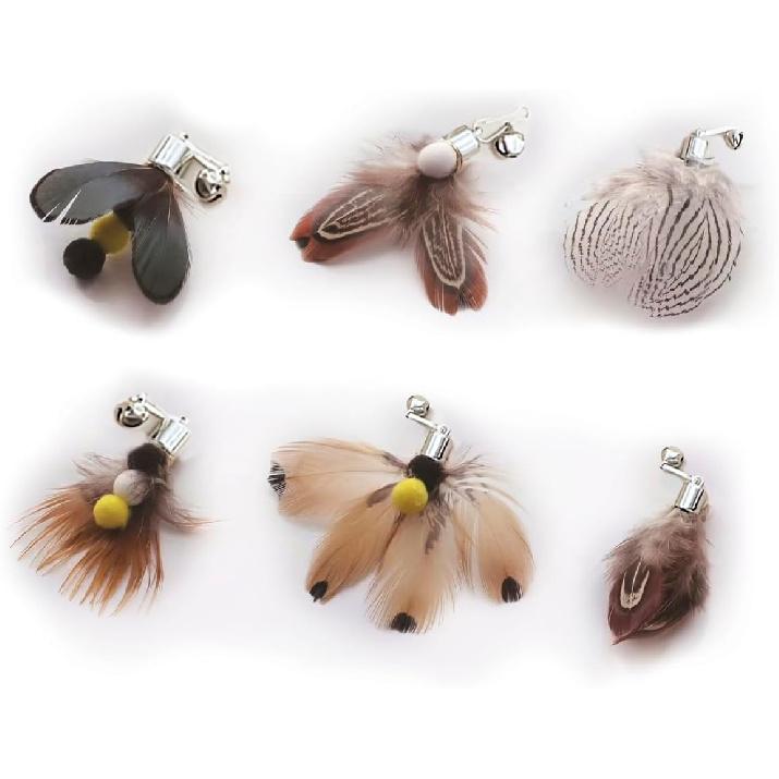 Cat ect Feather Toy Wand Replacement,Cat Toys Feather Refills,Set of 6 Replacement Heads with Bells,Natural Feather Interactive Cat Toys (Style A)
