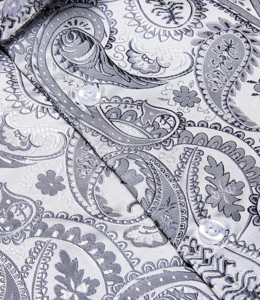 Mens Long Sleeve Shirt Black Design Casual Shirt Silk Paisley Shirt Collar Pin Luxury Mens Fashion