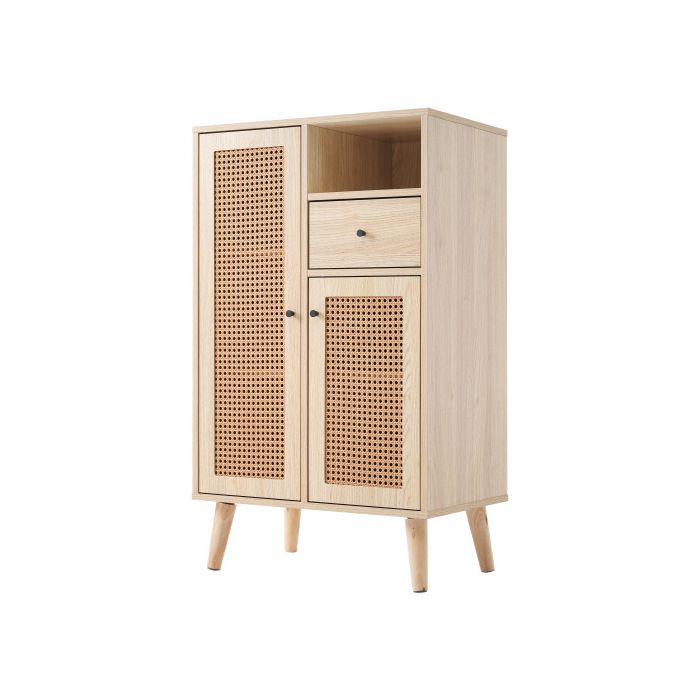 Buffet - MUVOE - 2 portes en rotin - 1 tiroir - Bois massif - 60x40x101cm