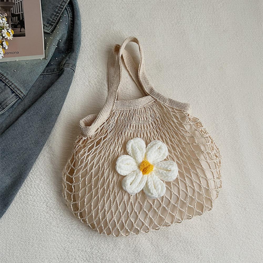 Leisure Summer Woven Handbag Large Capacity Flower Nylon Mesh Tote Bag Fashion Simple Grocery Bag Shopping Bag