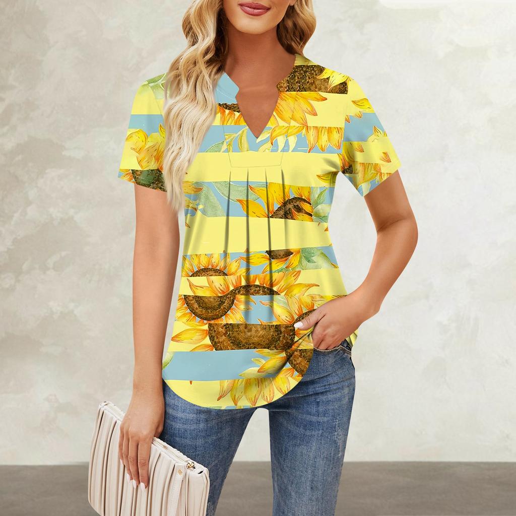 Women's Short Sleeve Casual V-neck Chest Pleated Printed Loose T-shirt Top