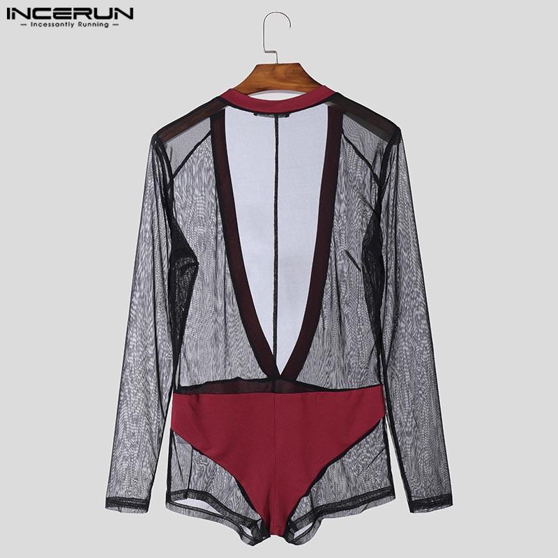 INCERUN Мужские комбинезоны с глубоким V-образным вырезом и сетчатым прозрачным узором в стиле пэчворк