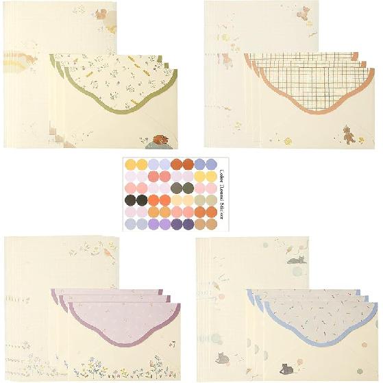 37 Pcs Stationery Paper Envelopes Set Includes 24 Lined Writing Paper & 12 Envelopes with 48 Round Stickers, Cute Bear Flower Cat Letter Writing and